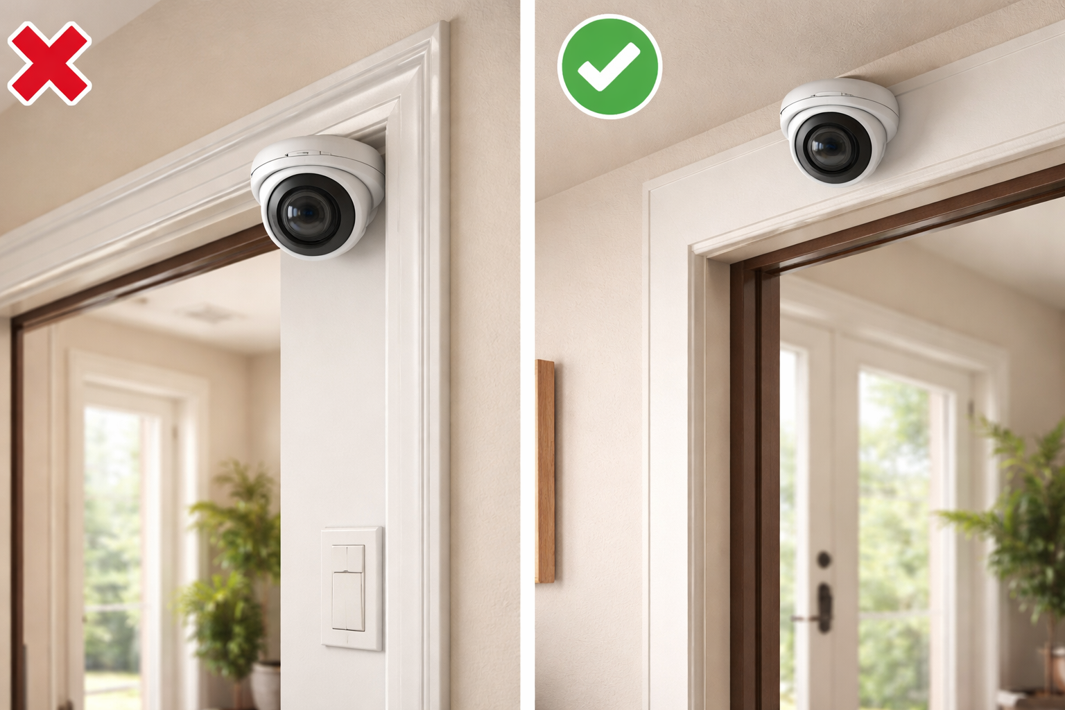 7 Errores al instalar cámaras de seguridad que pueden arruinar tu protección Errores al instalar cámaras de seguridad: ejemplo de cámara colocada demasiado alta y demasiado baja en interiores y exteriores, mostrando la altura correcta para vigilancia efectiva en la vivienda.