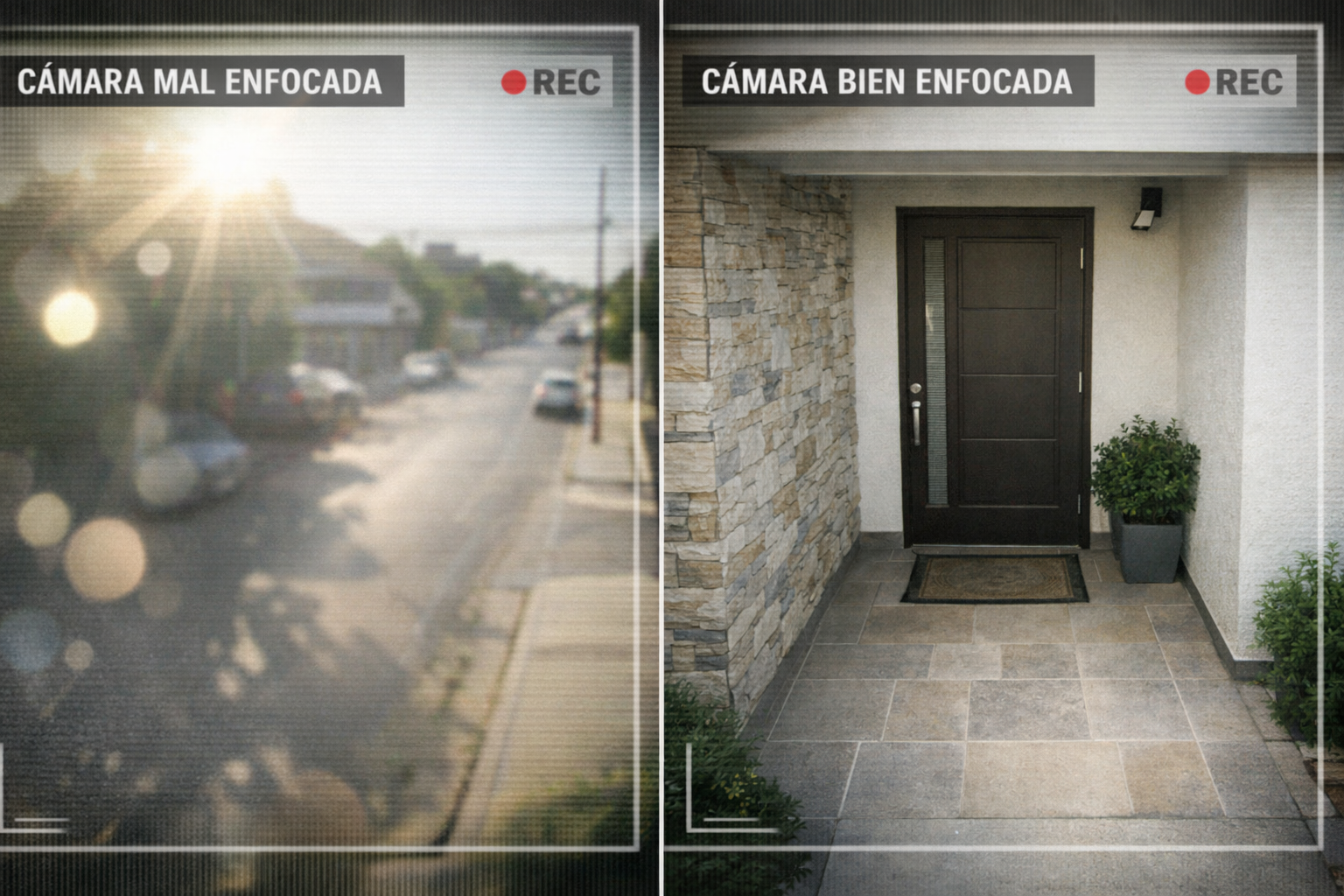 7 Errores al instalar cámaras de seguridad que pueden arruinar tu protección Errores al instalar cámaras de seguridad: cámara apuntando directamente a la calle y propiedades vecinas, indicando la correcta orientación hacia espacios privados de la vivienda para cumplir la normativa.
